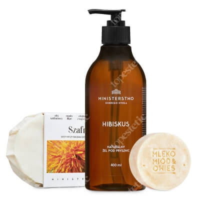 Ministerstwo Dobrego Mydła Mleko, Miód, Owies + Hibiskus + Szafran ZESTAW Szampon dla włosów suchych i zniszczonych 85 g + Żel pod prysznic 400 ml + Odżywczy balsam do ciała w kostce 75 g