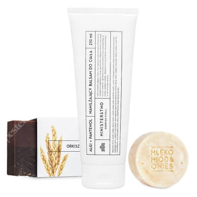Ministerstwo Dobrego Mydła Mleko, Miód, Owies + Orkisz + Algi+ Pantenol ZESTAW Szampon w kostce 85 g + Mydło z masłem shea 100 g + Balsam do ciała 250 ml