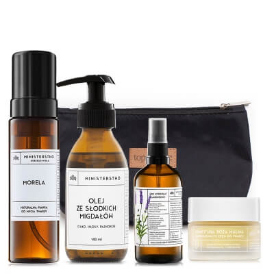 Ministerstwo Dobrego Mydła Morela + Lawenda + Słodkie Migdały + Róża-Malina ZESTAW Pianka 200 ml + Hydrolat 100 ml + Olej 140 ml + Krem 50 ml + Kosmetyczka 1 szt