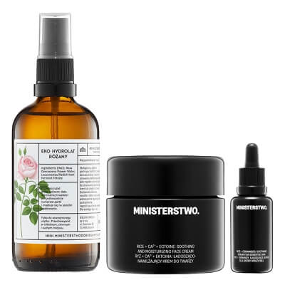Ministerstwo Dobrego Mydła Róża-Ryż Beauty Set ZESTAW Eko hydrolat różany 100 ml + Serum łagodzące do twarzy 30 ml + Łagodzący krem do twarzy 50 ml