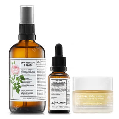 Ministerstwo Dobrego Mydła Róża + Trzcina Cukrowa + Róża - Malina ZESTAW Eko hydrolat różany 100 ml + Lekki bezzapachowy olejek 30 ml + Krem do twarzy 50 ml