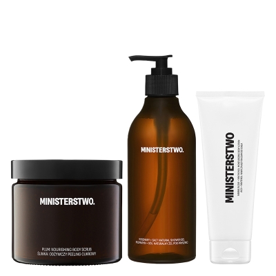 Ministerstwo Dobrego Mydła Rozmaryn + Sól + Śliwka + Algi+ Pantenol ZESTAW Żel pod prysznic 400 ml + Odżywczy peeling cukrowy 300 g + Nawilżający balsam do ciała 250 ml