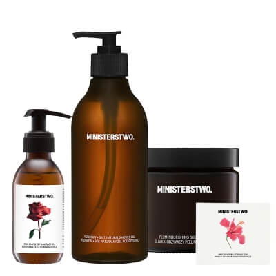 Ministerstwo Dobrego Mydła Rozmaryn + Sól + Śliwka + Róża-Malina + Hibiskus ZESTAW Żel pod prysznic 400 ml + Peeling cukrowy 300 g + Olej do masażu ciała 140 ml + Naturalne mydło 100 g