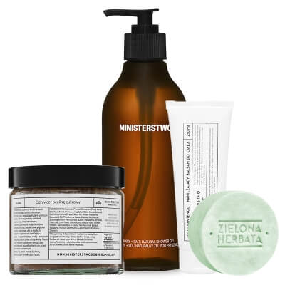 Ministerstwo Dobrego Mydła Rozmaryn + Sól + Zielona Herbata + Śliwka + Algi+ Pantenol ZESTAW Żel pod prysznic 400 ml + 3w1 szampon w kostce 85 g + Peeling cukrowy 300 g + Balsam 250 ml