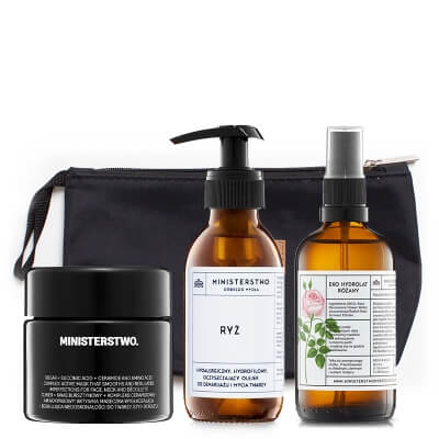 Ministerstwo Dobrego Mydła Ryż + Róża + Cukier ZESTAW Olejek do mycia twarzy 140 ml + Hydrolat różany 100 ml + Maska 100 ml + Kosmetyczka 1 szt