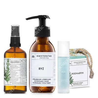 Ministerstwo Dobrego Mydła Ryż + Rozmaryn + H2O ZESTAW Olejek do mycia twarzy 140 ml + Hydrolat 100 ml + Hydromineralny krem 50 ml + Mydło 100 g