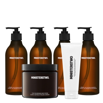Ministerstwo Dobrego Mydła Shower Care Set ZESTAW Żel pod prysznic 4 x 400 ml + Peeling cukrowy 400 ml + Nawilżający balsam 250 ml