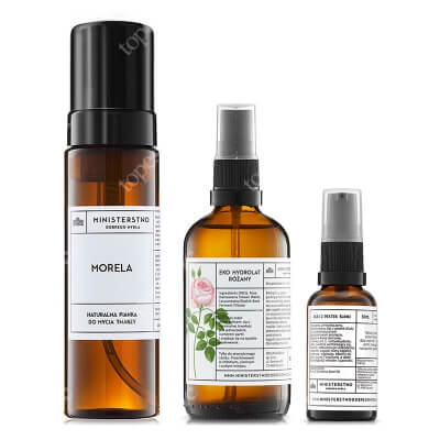 Ministerstwo Dobrego Mydła Śliwka + Róża + Morela ZESTAW Nierafinowany, zimnotłoczony olej 30 ml + Eko hydrolat różany 100 ml + Pianka do mycia twarzy 200 ml
