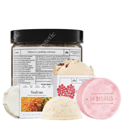 Ministerstwo Dobrego Mydła Szafran + Czerwony Pieprz + Śliwka + Hibiskus ZESTAW Półkula 60 g + Mydło 100 g + Peeling 300 g + Szampon 85 g + Balsam 75 g