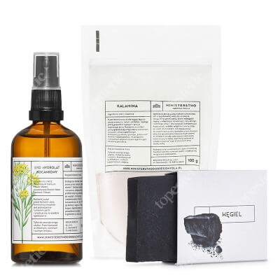 Ministerstwo Dobrego Mydła Węgiel + Kocanka + Kalamina ZESTAW Mydło z masłem shea 100 g + Hydrolat kocankowy 100 ml + Puszysty puder kalaminowy 100 g