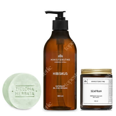 Ministerstwo Dobrego Mydła Zielona Herbata + Hibiskus + Szafran ZESTAW 3w1 szampon w kostce 85 g + Żel pod prysznic 400 ml + Odżywczy balsam do ciała 160 ml