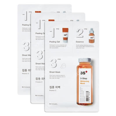 Missha 3 Step Whitening Mask x 3 ZESTAW 3 stopniowa kuracja wybielająca 1,5 g + 25 g + 1,5 g x 3