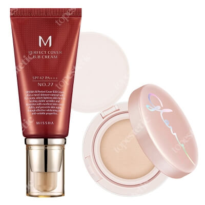 Missha Glow Tension No.21N + Perfect Cover BB Cream SPF42/PA+++ No 27 ZESTAW Rozświetlający podkład w kompakcie 15 g + Krem BB chroniący przed promieniami UV (kolor Honey Beige) 50 ml