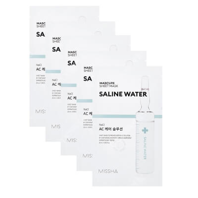 Missha Mascure Ac Care Solution Sheet Mask Saline Water x 5 ZESTAW Odświeżająca maseczka w płachcie 28 ml x 5