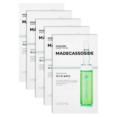 Missha Mascure Rescue Solution Sheet Mask Madecassoside x 5 ZESTAW Kojąco-nawilżająca maseczka w płachcie 28 ml x 5