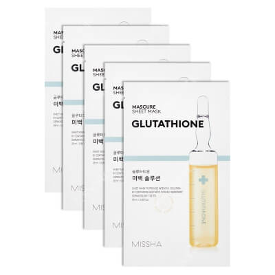 Missha Mascure Whitening Solution Sheet Mask Glutathione x 5 ZESTAW Rozjaśniająca maseczka w płachcie 28 ml x 5