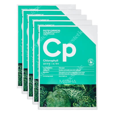 Missha Phytochemical Skin Supplement Sheet Mask (Chlorophyll) Maseczka w zielonej płachcie, łagodzi podrażnioną skórę 5 x 25 ml