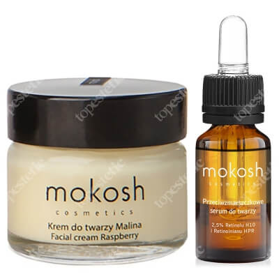 Mokosh Anti Aging Face Serum Rose with Berry + Facial Cream Raspberry ZESTAW Przeciwzmarszczkowe serum do twarzy 2,5% Retinolu H10 i Retinoinianu HPR 10 ml + Regenerujący krem do twarzy 15 ml