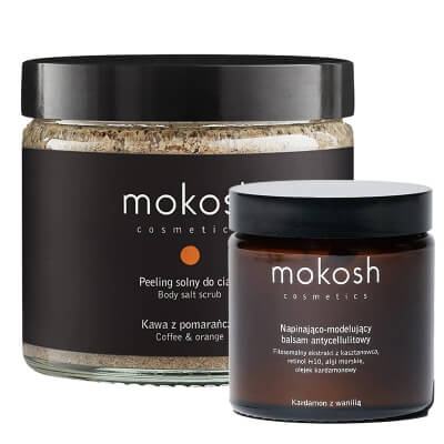 Mokosh Anti-Cellulite Body Care ZESTAW Napinająco-modelujący Balsam Antycellulitowy Kardamon z Wanilią 120 ml + Peeling solny do ciała - kawa z pomarańczą 300 g