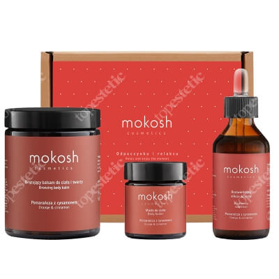 Mokosh Ciepło Pomarańczy Z Cynamonem ZESTAW Brązujący balsam do ciała i twarzy 180 ml + Rozświetlający eliksir do ciała 100 ml + Masło do ciała 30 ml