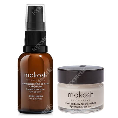 Mokosh Corrective Eye Cream + Smoothing Serum ZESTAW Korygujący krem pod oczy - Zielona herbata 15 ml + Wygładzające serum do twarzy z bakuchiolem - Owies i bambus 30 ml