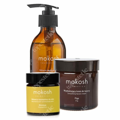 Mokosh Facial Gel Fig + Smoothing Facial Cream Fig + Nourishing Self - Tanning Body Balm Marakuja ZESTAW Żel do mycia twarzy Figa 200 ml + Krem do twarzy Figa 60 ml + Samoopalacz do ciała - Marakuja 30 ml (gratis)