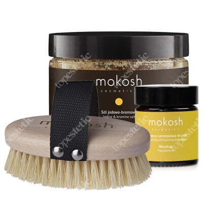 Mokosh Iodine & Bromine Salt + Body Massage Brush + Nourishing Self - Tanning Body Balm Marakuja ZESTAW Sól jodowo-bromowa 600 g + Szczotka do masażu ciała 1 szt. + Samoopalacz do ciała - Marakuja 30 ml (gratis)