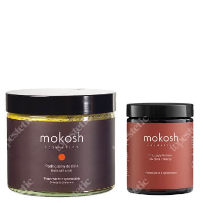 Mokosh Pomarańcza i Cynamon ZESTAW Peeling solny do ciała, Pomarańcza z cynamonem 300 g + Brązujący balsam do ciała i twarzy, Pomarańcza z cynamonem 180 ml