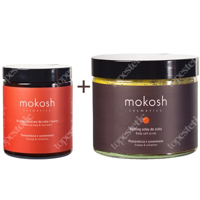 Mokosh Pomarańcza i Cynamon ZESTAW Peeling solny do ciała, Pomarańcza z cynamonem 300 g + Brązujący balsam do ciała i twarzy, Pomarańcza z cynamonem 180 ml