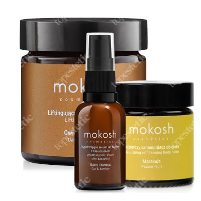 Mokosh Smoothing Serum with Bakuchiol + Lifting Face Mask + Nourishing Self - Tanning Body Balm Marakuja ZESTAW Wygładzające serum 30 ml + Liftingująca maska do twarzy 60 ml + Samoopalacz odżywczy Marakuja 30 ml (gratis)