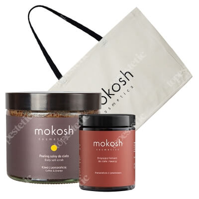 Mokosh Sunny Body ZESTAW Peeling solny do ciała - kawa z pomarańczą 300 g + Brązujący balsam do ciała i twarzy - Pomarańcza 180 ml + Torba 1 szt