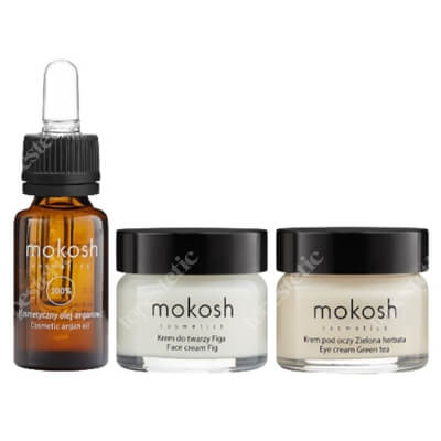 Mokosh Travel Set Figa ZESTAW Wygładzający krem do twarzy Figa 15 ml + Korygujący krem pod oczy - zielona herbata 15 ml + Olejek arganowy 12 ml