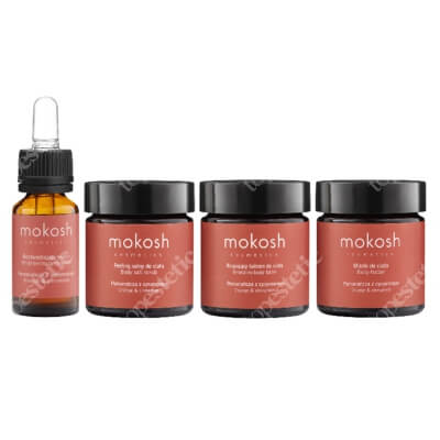 Mokosh Travel Set Pomarańcza Z Cynamonem ZESTAW Peeling solny 30 g + Brązujący balsam 30 ml + Masło do ciała 30 ml + Eliksir rożświetlający do ciała 10 ml