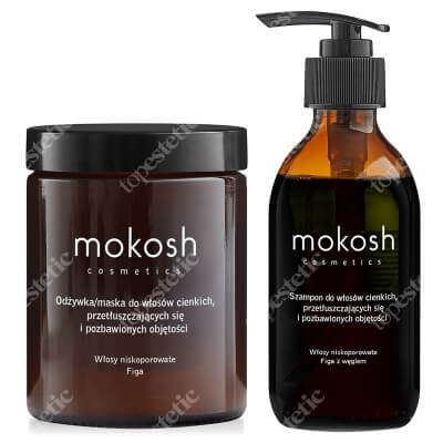 Mokosh Włosy Pełne Objętości ZESTAW Szampon 200 ml + Odżywka 180 ml - Włosy niskoporowate - Figa z węglem