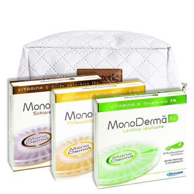 MonoDerma MonoDerma E5 + MonoDerma M5 + MonoDerma C10 + Kosmetyczka ZESTAW Zawiera czystą witaminę E (tokoferol) w stężeniu 5% - 28 kaps. + Zawiera kwas foliowy w stężeniu 0,5% - 28 kaps. + Zawiera czystą wita
