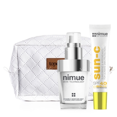 Nimue Vitamin C Moisture Mist + Sun C Sunscreen SPF 40 + Kosmetyczka ZESTAW Mgiełka z witaminą C 60 ml + Krem przeciwsłoneczny 20 ml + Biała, pikowana kosmetyczka