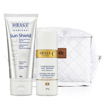 Obagi C-Exfoliating Day Lotion + Sun Shield Matte Broad Spectrum SPF 50 ZESTAW Złuszczający lotion 57 ml + Matujący krem z filtrami UVA i UVB 85g + Kosmetyczka