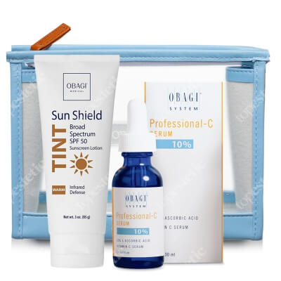 Obagi Professional - C Serum 10% + Sun Shield Tint Warm SPF 50  ZESTAW Serum w formie kwasu L-askorbinowego 30 ml + Filtr przeciwsłoneczny chroniący przed UVA/UVB i podczerwienią (odcień ciepły) 85 g + Kosmetyczka