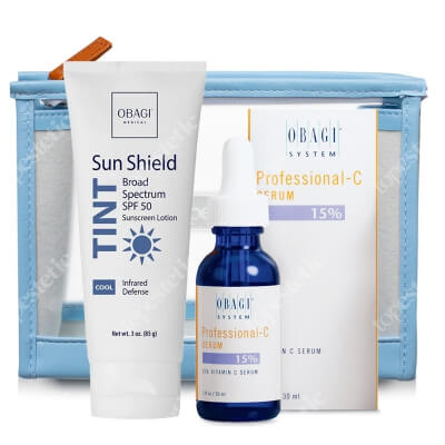 Obagi Professional - C Serum 15% + Sun Shield Tint Cool SPF 50  ZESTAW Serum w formie kwasu L-askorbinowego 30 ml + Filtr przeciwsłoneczny chroniący przed UVA/UVB i podczerwienią (odcień chłodny) 85 g + Kosmetyczka