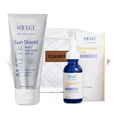 Obagi Sun Shield + C Serum 15% ZESTAW Krem chroniący przed promieniowaniem słonecznym UVA i UVB 85 g + Serum w formie kwasu L-askorbinowego 30 ml + Kosmetyczka