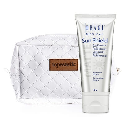 Obagi Sun Shield Matte Broad Spectrum SPF 50 + Kosmetyczka Topestetic ZESTAW Matujący krem do codziennej pielęgnacji, chroniący przed promieniowaniem słonecznym UVA i UVB 85 g + Biała, pikowana