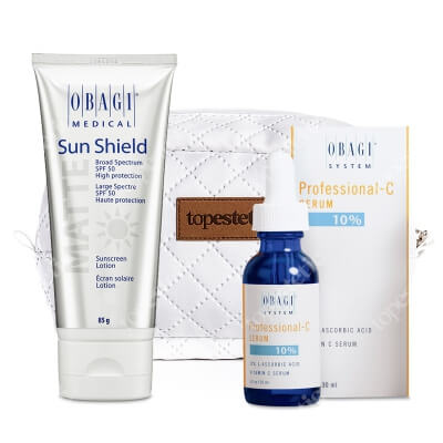 Obagi Sun Shield SPF 50 + C Serum 10% ZESTAW Krem chroniący przed promieniowaniem słonecznym UVA i UVB 85 g + Serum w formie kwasu L-askorbinowego + Kosmetyczka