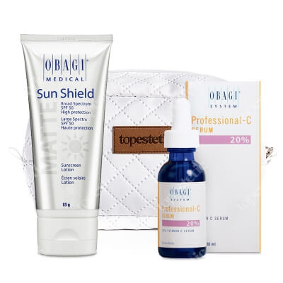Obagi Sun Shield SPF 50 + C Serum 20% ZESTAW Krem chroniący przed promieniowaniem słonecznym UVA i UVB 85 g + Serum w formie kwasu L-askorbinowego + Kosmetyczka