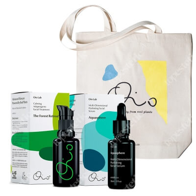 Oio Lab The Forest Retreat + Aquasphere + Oio Lab Bag ZESTAW Wyciszająca kuracja adaptogenna do twarzy 30 ml + Wielopoziomowe serum nawilżające do twarzy 30 ml + Torba 1 szt