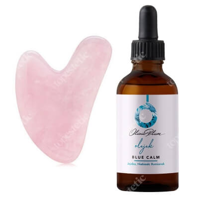 Olivia Plum Blue Calm Oil + Gua Sha z Różowego Kwarcu ZESTAW Olejek, Jojoba i niebieski rumianek 30 ml + Masażer z naturalnego kamienia 1 szt.