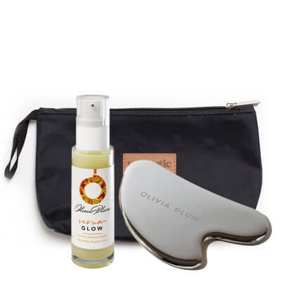 Olivia Plum Cryo Gua Sha + Glow Serum ZESTAW Płytka ze stali nierdzewnej 1 szt + Serum rozjaśniające 30 ml + Kosmetyczka 1 szt