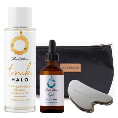Olivia Plum Halo + Cryo Gua Sha + Blue Calm Oil ZESTAW Tonik z kwasem glikolowym 5% 100 ml + Płytka ze stali nierdzewnej 1 szt + Olejek 30 ml + Kosmetyczka 1 szt