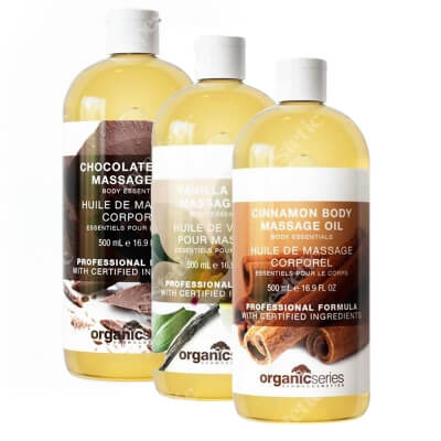 Organic Series Aromatic Body Massage Oil ZESTAW Olejek do ciała cynamonowy 500 ml + Olejek do ciała czekoladowy 500 ml + Olejek do ciała waniliowy 500 ml