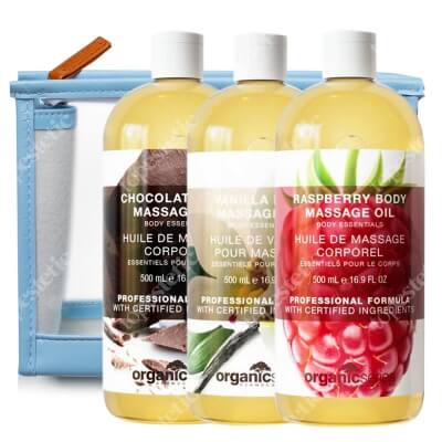 Organic Series Body Oil Set ZESTAW Olejek do ciała malinowy 500 ml + Olejek do ciała czekoladowy 500 ml + Olejek do ciała waniliowy 500 ml + Kosmetyczka 1 szt