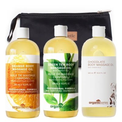 Organic Series Delicius Body Set ZESTAW Olejek do ciała czekoladowy 500 ml + Olejek do ciała pomarańczowy 500 ml + Olejek do ciała zielona herbata 500 ml + Kosmetyczka 1 szt